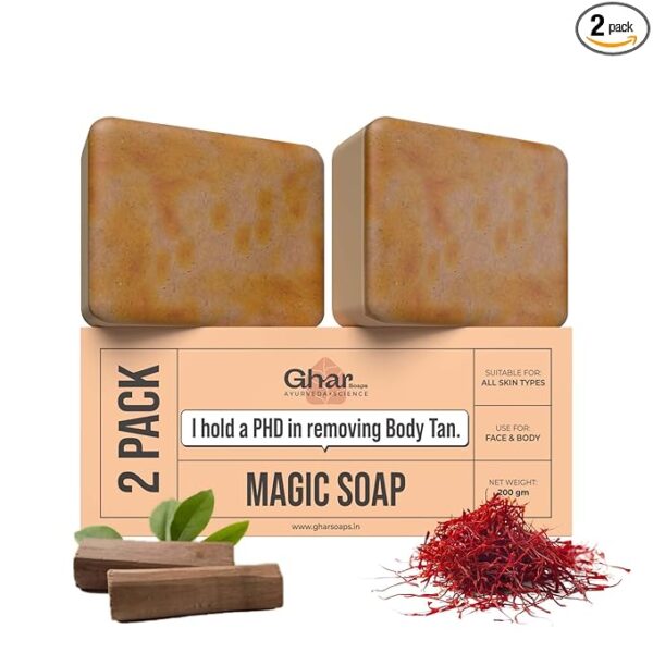 Ghar Soaps Sandalwood & Saffron Magic Soaps For Bath (100 Gms Pack Of 2) | Paraben Free | Chandan & Kesar Bath Soap | Handmade Soaps For Glowing | Skin Brightening Soap For Men & Women